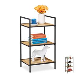 Relaxdays Standing Shelf Unit, 3 Tiers, Bamboo & Metal, Open Bookcase, Hallway, HxWxD: 71 x 39 x 32.5 cm, Brown-Black