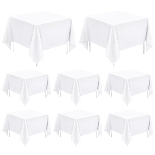 FXKS 8 Pack Square Polyester Tablecloth 70 x 70 Inch White Table Cloth for Square or Round Tables, Washable Stain and Wrinkle Resistant Table Cover Table Clothes for Wedding Banquet Reception Dining