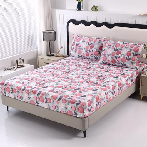 SDIII 3PCS Pink Floral Queen Fitted Sheet Set, 1 Floral Fitted Sheet Queen + 2 Pillowcases, Soft Microfiber Romantic Blush Pink Bed Set Flower Pattern