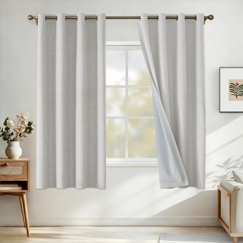 CYCMACO 100% Blackout Curtains for Bedroom, Black Out Curtains 63 Inch Long, Linen Blackout Curtains for Living Room, Full Light Blocking Grommets Curtain, Thermal Curtains(2 Panels, Off-White)