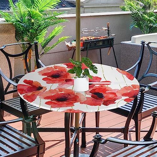"GzLeyigou Fitted Round Tablecloth with Umbrella Hole and Zipper Red Flowers Outdoor Elastic Table Cloth 45""-56"" Oil-Proof Waterproof Floral Patio Table Cover for Picnic Party"