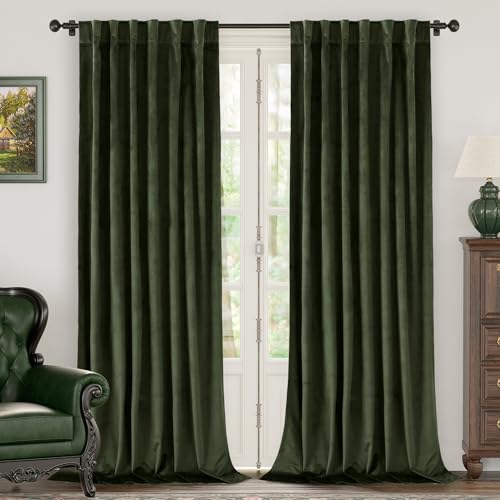 BGment Olive Green Velvet Curtains 120 Inches for Living Room, Thermal Insulated Blackout Curtains Room Darkening Drapes with Back Tab and Rod Pocket for French Door, Set of 2 Panels, 52 x 120 Inch
