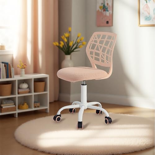 FurnitureR Children's Desk Chair, Adjustable Height Swivel Chair with Small Hole Backrest Design, Suitable for Kids' Bedroom or Study Room, Pink Plica