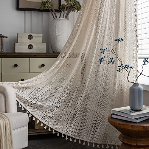 "Sutuo Home Boho Curtains Crochet Lace Semi-Sheer Bohemian Hollow Knitted Handmade Tassels, Rod Pocket Window Treatment Vintage Rustic Farmhouse Drapes for Living Bedroom, 1 Panel 59"" W x 72"" L, Beige"