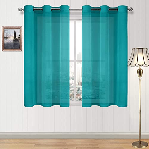 DWCN Semi Sheer Curtains, Grommet Top Window Drapes for Bedroom & Living Room, Faux Linen Look Voile Transparent Solid Curtains Set of 2 Panels 46 x 54 Inches Long, Turquoise