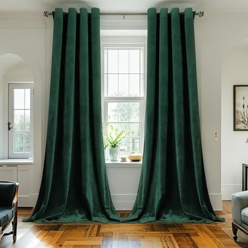 SMILETIME Emerald Green 108 in Long Velvet Curtains with Grommet, Super Soft Privacy Noise Reducing Light-Filtering Velvet Drapes for Living Room Bedroom, 2 Panels, 52 x 108 inches