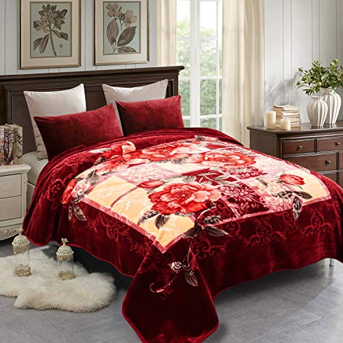 JML Fleece Blanket King Size, Heavy Korean Mink Blanket 85 X 95 Inches- 9 Lbs, Single Ply, Soft and Warm, Thick Raschel Printed Mink Blanket for Autumn,Winter,Bed,Home,Gifts, Burgundy Flower