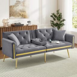 Ball & Cast 3 Seater Sofa Bed with Adjustable Backrest, Gold Accents and Built-in Cup Holders, 3 Seater Sofa/Folding Bed for for Living Room and Bedroom, Grey