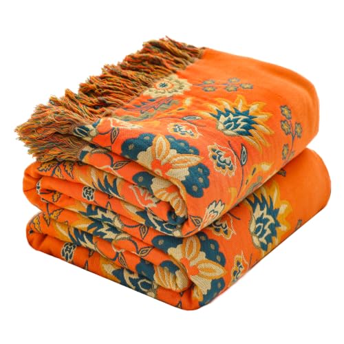 "Summer Throw Blanket for Couch Bed Chair,100% Cotton 4-Layer Gauze Soft Lightweight Blanket Rustic Muslin Quilt -Orange Floral Farmhouse Decor Bed All Season Blankets,60""??80"""
