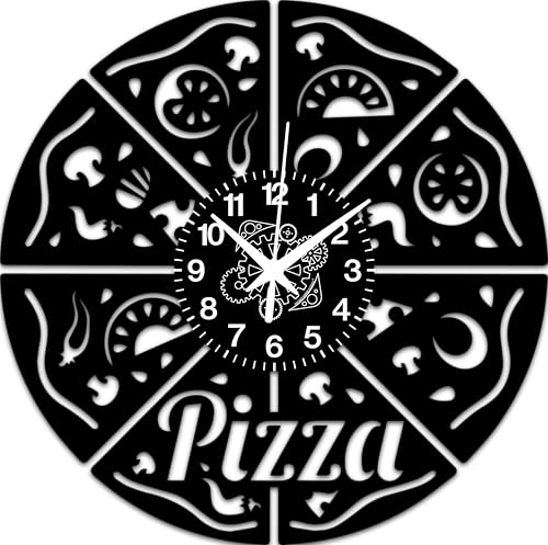 Instant Karma Clocks - Pizzeria Theme Wall Clock - Artistic Design for Furnishing Kitchen, Restaurant, Clubs or Gift to Pizza Lovers (Black)