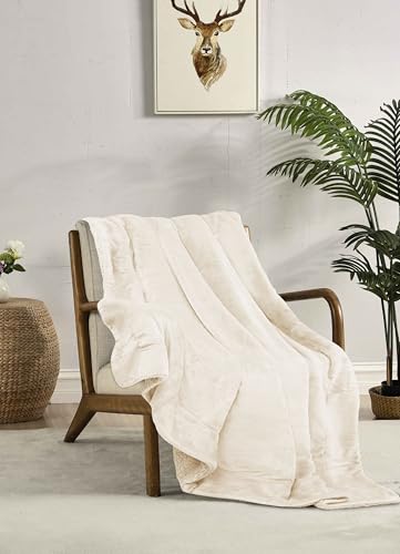 Miracle Home. Fleece Blanket Reversible Microfiber Pyrite Flannel Velour and Sherpa 260GSM-180GSM, Soft, Warm and Lightweight, Machine Washable, 220 X 240, Ecru