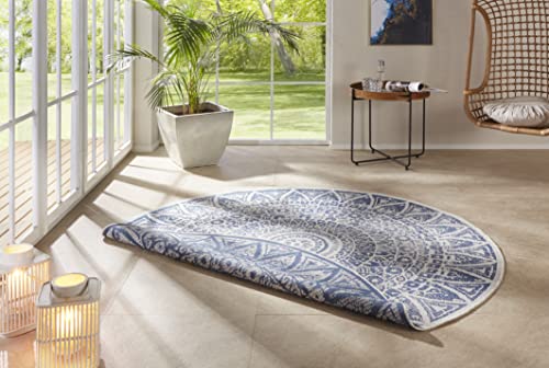Freundin Home Collection Nora Indoor & Outdoor Rug Round - Reversible Rug Weatherproof Modern Design Round Rug for Balcony Patio Conservatory Bath Mat Living Room Rug, Blue Cream, 140 cm