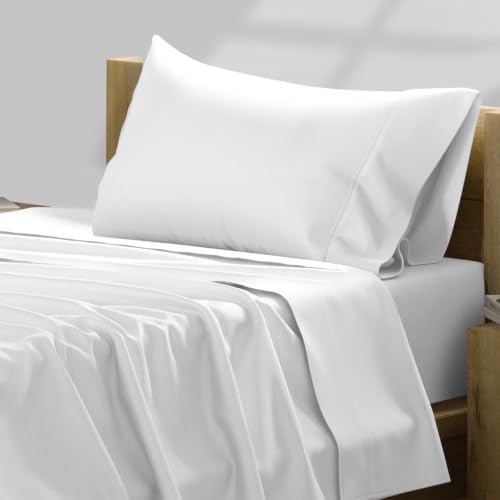 TEXAS LINEN CO. Luxury Egyptian Cotton Twin Size Sheet Set - Texan Talkin' Collection 600 Series 3 PC Deep Pocket Fitted and Flat Sheets, Extra Long Staple Sateen Bedding, Dorm Room Sheets - White