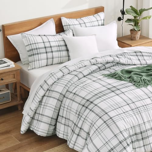 Andency Green Plaid Comforter Set Full, Gingham Checkered Grid Bedding Set - For Boys Girls Kids Teens as Gift, 3 Pieces Soft Lightweight Reversible Preppy Geometric Line Bed Set (79x90Inch)