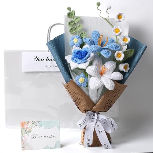 EZsenses Crochet Flowers Bouquet - Hand Knitted Rose Crochet Flower Bouquet for Home Decor, Weddings, Birthdays, Memorial Gifts - Includes Gift Bag and Greeting Card, Faux Crochet Flower