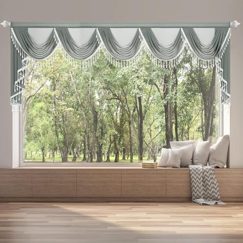 "Leeva 138"" Waterfall Valance for Large Windows, Steel Grey Luxury Swag with Crystal Beads, Smooth Silky Voile Scarf for Sliding Doors & Archways, 1 Panel"