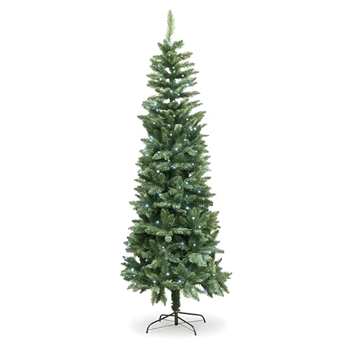 6Ft/1.8m Pre-Lit Green Christmas Tree Slim Tree Pine Narrow Xmas Tree, Pointed Tips, Metal Stand, Cool White LED Lights, Holiday Home Decorations