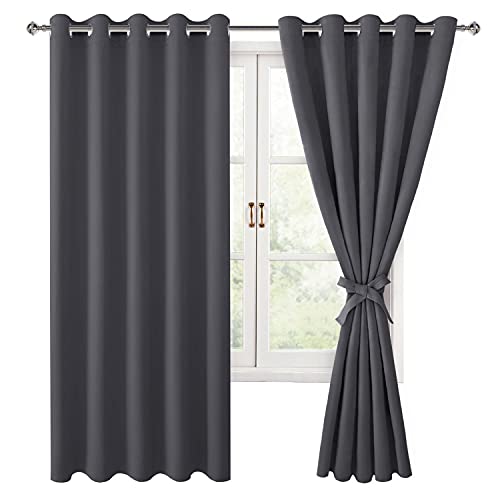 Hiasan Blackout Curtains for Bedroom, 60 x 63 Inches Length - Thermal Insulated & Light Blocking Window Curtains for Living Room, 2 Drape Panels Sewn with Tiebacks, Dark Grey