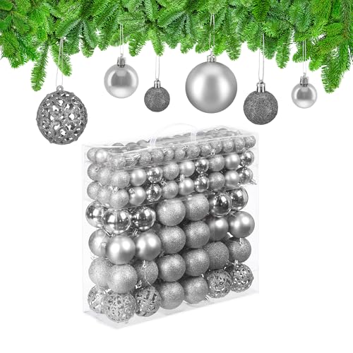 Relaxdays Set of 150 Christmas Baubles, Glittering, Matt & Shiny Surface, Tree Ornaments, Plastic, ∅ 3, 4 & 6 cm, Silver