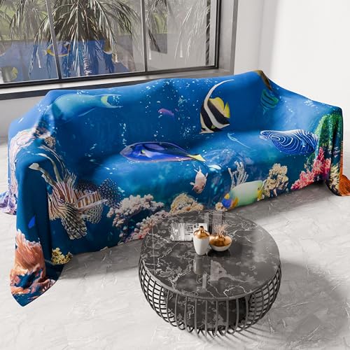 PETTI Artigiani Italiani - Microfibre Sofa Cover 360 x 270 cm, Aquarium Design - Multipurpose for Sofas, Bedspreads and Table Covers - Washable Protective Cover