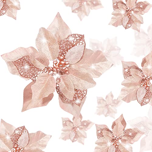 Boao 24 Pieces Christmas Glitter Poinsettia Flowers Glitter Artificial Xmas Flowers Wedding Christmas Tree New Year Ornaments (Rose Gold)