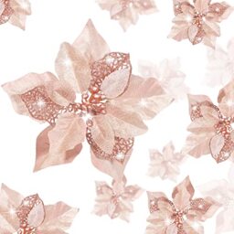 Boao 24 Pieces Christmas Glitter Poinsettia Flowers Glitter Artificial Xmas Flowers Wedding Christmas Tree New Year Ornaments (Rose Gold)