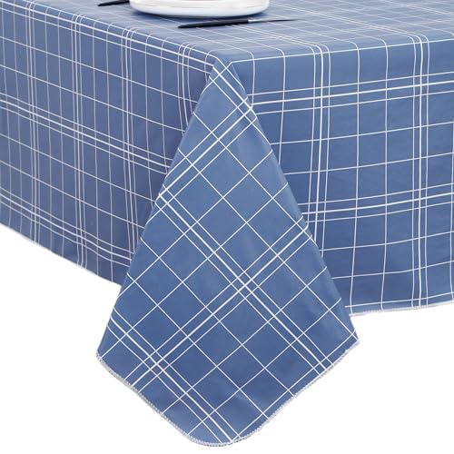 Heavy Duty Vinyl Tablecloth with Flannel Backing Waterproof Oil-Proof Plastic Table Cloth Stain-Resistant Wipeable Rectangle or Square Table Cover for Indoor and Outdoor (Blue Grid,52x70 Inch)