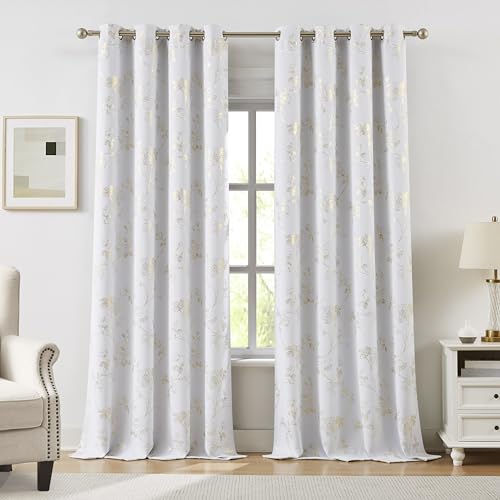 "Ronaldecor White Gold Rose Leaf 100% Blackout Window Curtains 52"" Wx63 Lx2 - Luxury Golden Floral Pattern, Thermal Insulated Room Darkening Drapes for Bedroom Living Room, Metallic Print, Grommet Top"