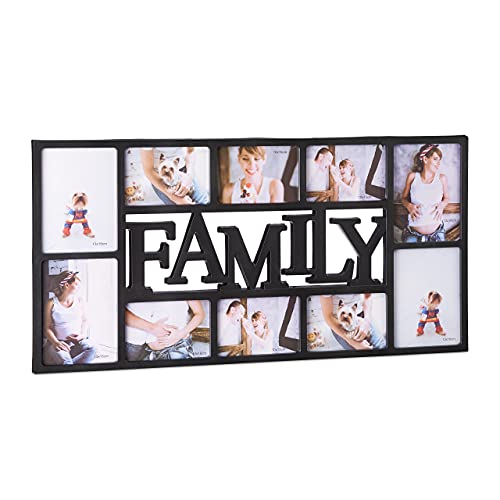 Relaxdays Picture Frame Family, Photo Frame for 10 Pictures, Hanging Collage, HWD: 36.5 x 72 x 2 cm, Black