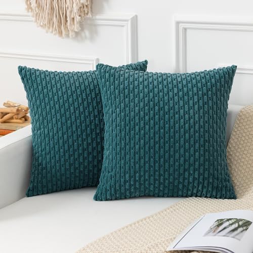 Kevin Textile Throw Pillow Covers Cushions Soft Corduroy Decorative Set of 2 Boho Striped Pillow Covers Pillowcases Farmhouse Home Decor for Couch Bed Sofa Living Room 24x24 Inch Teal Blue
