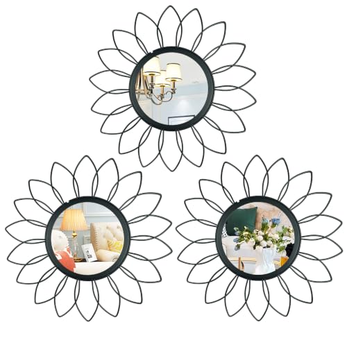 Uaussi 3 Pack Metal Sunburst Wall Mirrors, Black with Gold Frame, 12 Inch Diameter, Wall Mounted, Contemporary Home Decor