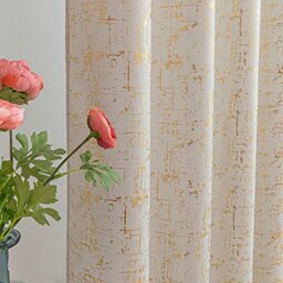 "Taisier Home Gold Foil Print Linen Textured Curtains - Geometric Dots Pattern Design for Bedroom & Living Room - Thermal Insulated Window Treatment, 2 Panels, 84"" L, Beige & Gold"