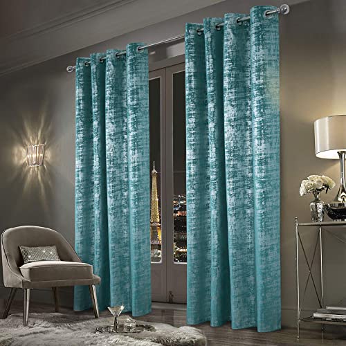 always4u 100% Blackout Curtains Soft Velvet Curtains for Bedroom Living Room Thermal Energy Saving 96 Inch Long Luxury Silver Foil Print 2 Panels Teal