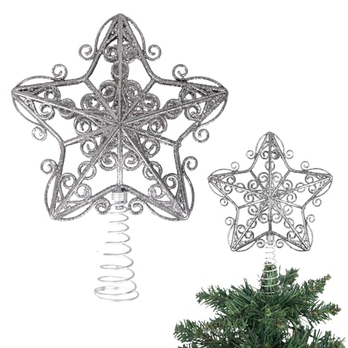 14.5cm Silver Star Christmas Tree Topper Shatterproof for Christmas Tree Decorations Xmas Treetop Tree Crown Holiday Ornament