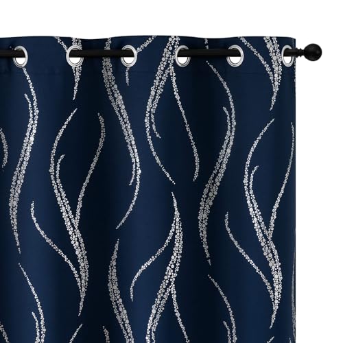 Yakamok Blackout Curtains 90 inch Length Living Room Thermal Insulated Silver Wave Line Dots Pattern Darkening Grommet for Bedroom, W52 x L90-inch, 2 Panels Navy Blue/Silver Print
