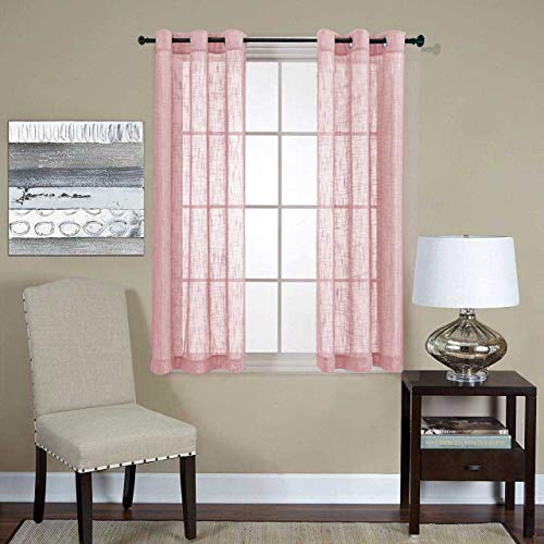 "MIUCO Semi Sheer Curtains Poly Linen Textured Solid Grommet Curtains 63 Inches Long for Living Room 2 Panels (2 x 37 Wide x 63"" Long) Pink"