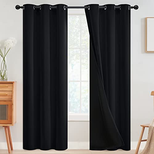 SimpleHome Black 100% Blackout Curtains Room Darkening Living Room 84 Inch - Curtains for Bedroom,Thermal Insulated Grommet Window Drapes,Curtains for Living Room with Black Back,42 x 84 Inch,2 Panels