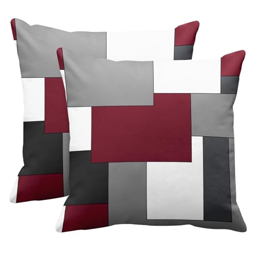 Emvency Set of 2 Burgundy Red Geometric Throw Pillow Cover Black Grey White Painting Abstract Checkered Design Decorative Pillow Case Modern Home Decor Standard Square 18x18 Inch Cushion Pillowcase