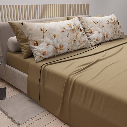 PETTI Artigiani Italiani - Cotton Sheets with Pillowcases in Digital Print, Double Bed Sheet, Floral Design 12 Taupe, 100% Made in Italy