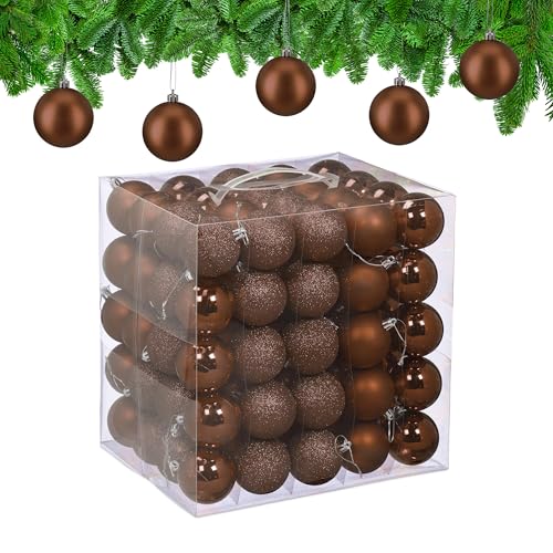Relaxdays Christmas Baubles, Set of 100, Tree Ornaments, Holiday Decorations, Plastic, Shatterproof, 6 cm, Brown