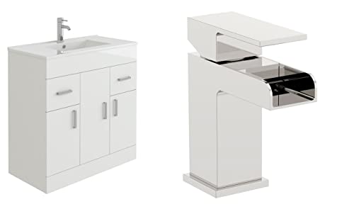 VeeBath Sphinx 800 Vanity Unit with Basin and Waterfall Mixer Tap, Floor Standing Cabinet Rectangular Ceramic Wash Basin for Bathroom Furniture with 3 Doors and 2 Drawers- Gloss White (Flat Pack)