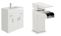 VeeBath Sphinx 800 Vanity Unit with Basin and Waterfall Mixer Tap, Floor Standing Cabinet Rectangular Ceramic Wash Basin for Bathroom Furniture with 3 Doors and 2 Drawers- Gloss White (Flat Pack)