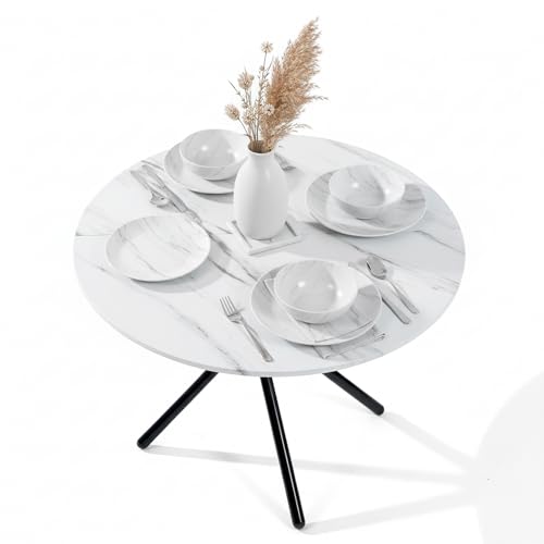 FurnitureR Round Dining Table,80x80cm Modern Style, Metal Frame with Chopstick Designed Leg,Wooden Top，White Marble