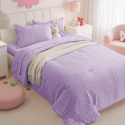 Twin Comforter Set 5 Piece, Purple Bed in a Bag Twin Size Bedding Sets - Zzlpp Seersucker OEKO-TEX Certified Down Alternative Comforter with Breathable sheets&pillowcases,Lightweight,All Season