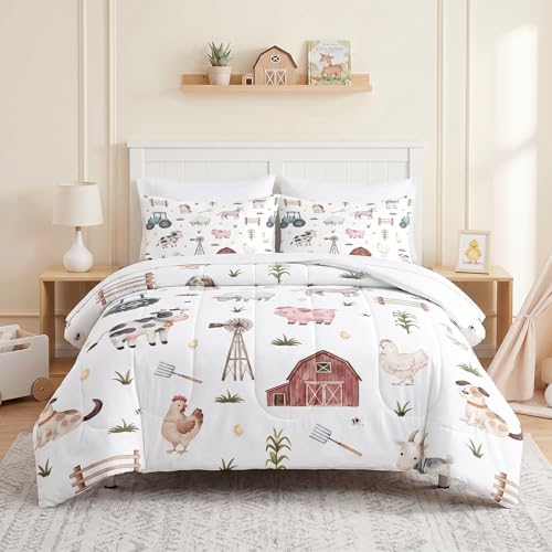 Pamnest Comforter Set Queen Size, Farm Animal Cow 7 Pcs Bedding for Kids and Adults, Autumn Cute Tractor Bed Sheet Sets with Fitted Sheet 2 Pillowcases & 2 Shams for Bedroom Bed Decor