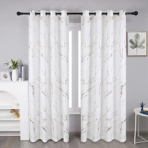 "Taisier Home Silver Foil Print Linen Textured Curtains - Geometric Marble Pattern Design for Living Room - Light Filtering Window Treatment, 2 Panels, 84"" L, Off White and Silver"