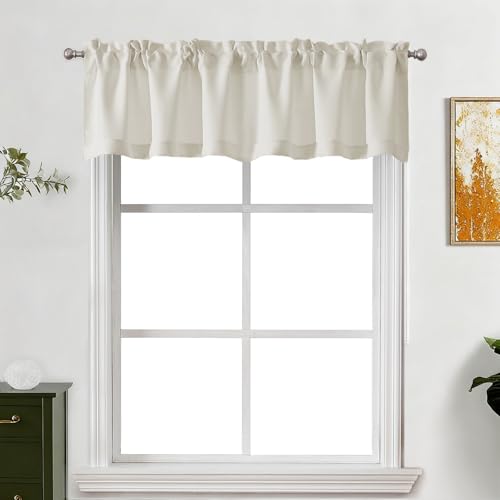 "Lecloud Natural Valance for Windows 14 Inch Length, Thermal Privacy Room Darkening Curtains, Farmhouse Kitchen Home Decor Drapes Rods Pocket for Bathroom Cafe Basement Cabinet, 60"" W x 14"" L 1 Panel"
