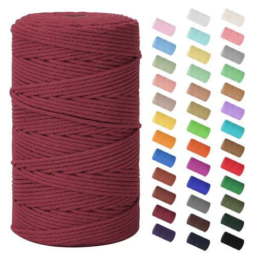 Macrame Cord 3mm x 220Yards (656Feet), Natural Cotton Macrame Rope - 4 Strands Twisted Macrame Cotton Cord for Wall Hanging, Plant Hangers, Crafts, Gift Wrapping and Wedding Decorations, Wine Red