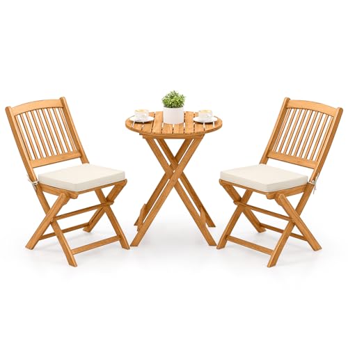 GiantexUK 3PCS Folding Outdoor Bistro Set, Acacia Wood Round Patio Table and 2 Chairs with Cushions, Garden Dining Furniture Set for Patio Balcony Poolside (Cream)