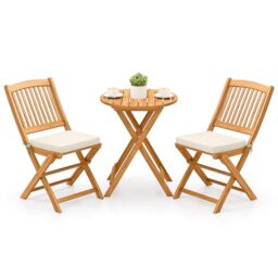 GiantexUK 3PCS Folding Outdoor Bistro Set, Acacia Wood Round Patio Table and 2 Chairs with Cushions, Garden Dining Furniture Set for Patio Balcony Poolside (Cream)